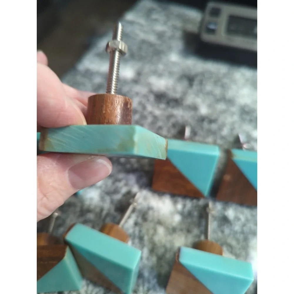 12 MCM Wood Boho Style Wood Teal Faux Stone Drawer Pulls Knobs Handles Teak